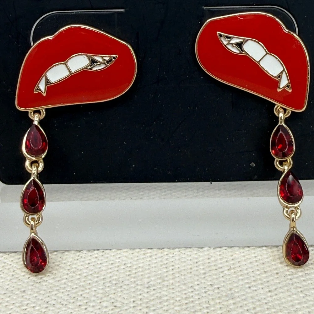 Torrid Earrings Set Skeleton Hand Studs Red Lips Dangle Faux Gemstone‎ Gold Tone